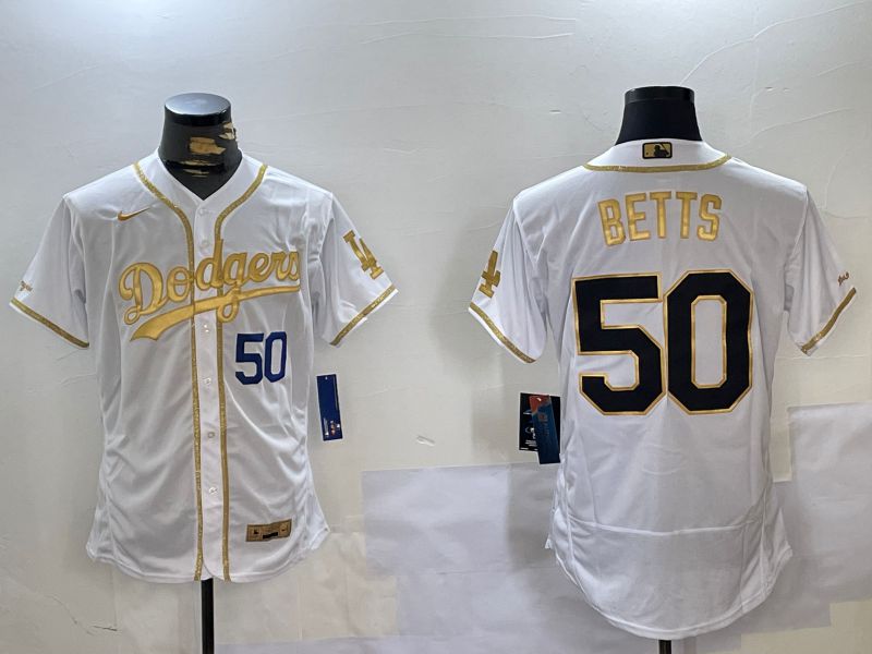 Men Los Angeles Dodgers #50 Betts White Gold Elite 2024 Nike MLB Jersey style 4